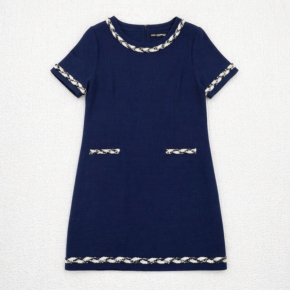Karl Lagerfeld Navy Blue Tweed-Trim Mini Dress